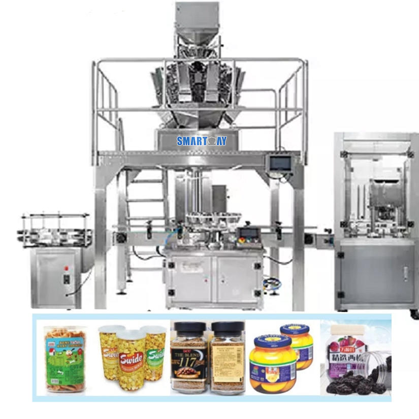 Automatic Snack Chocolate Candy Biscuits Jar Production Packing Line with multi head weigher
