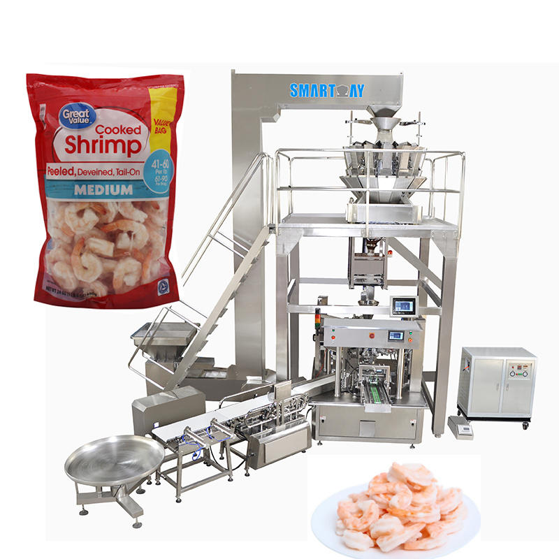 Automatic filling weighing seafood peeled shrimp packaging machine into premade pouch